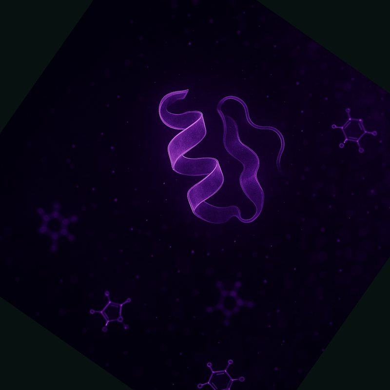 Conceptual glowing render of a small folded protein ribbon in violet