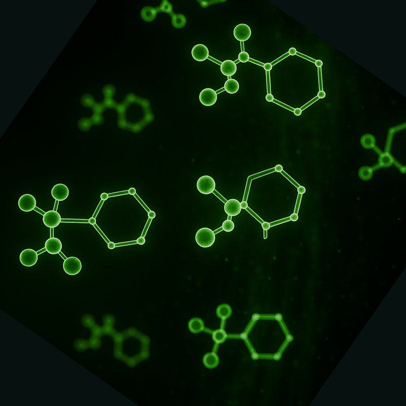 Conceptual glowing ball-and-stick render of nucleotide molecules in spring green