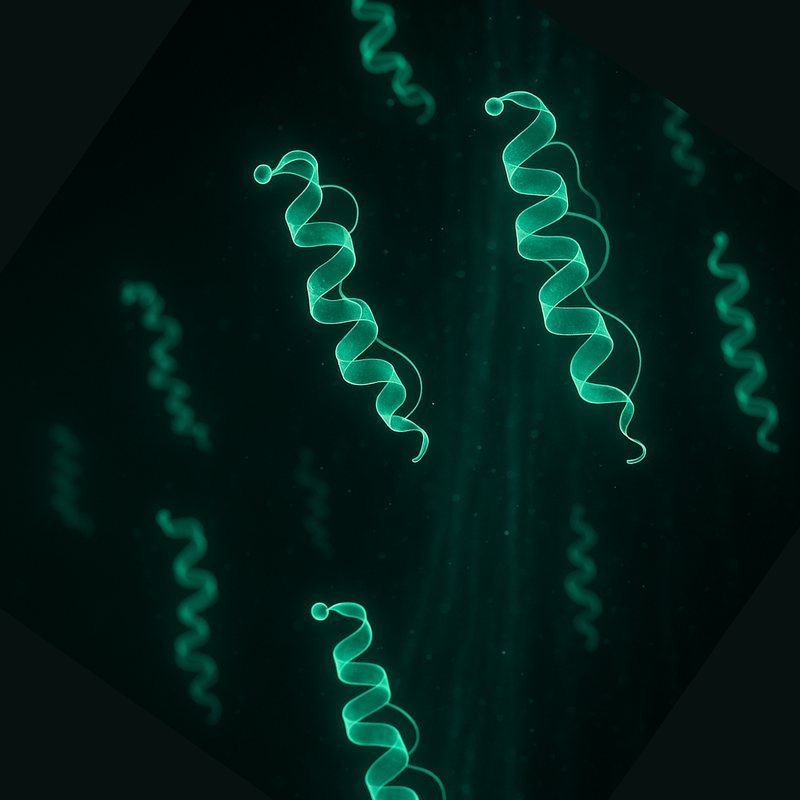 Conceptual glowing render of short helical peptide chains in sea green