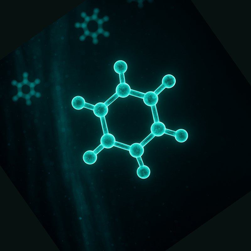 Conceptual glowing ball-and-stick render of a small sugar-like molecule in cyan