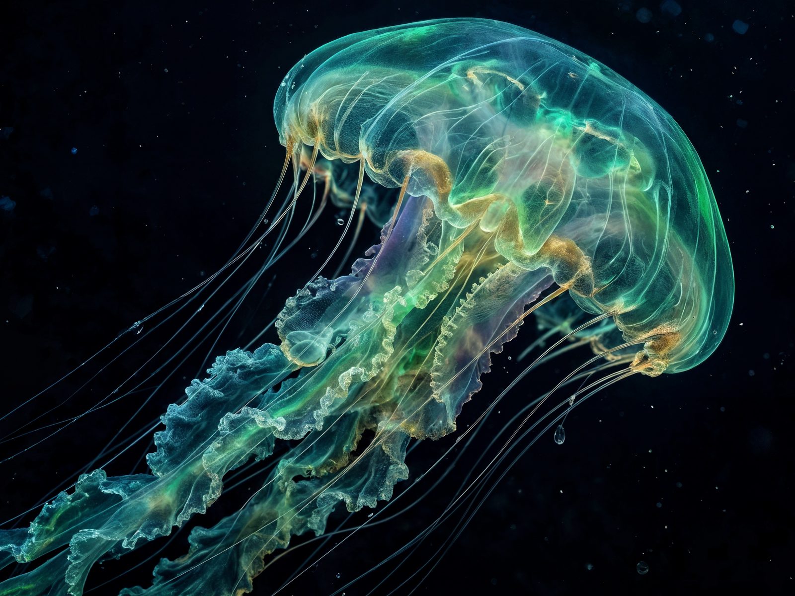 Bioluminescent jellyfish against deep black water