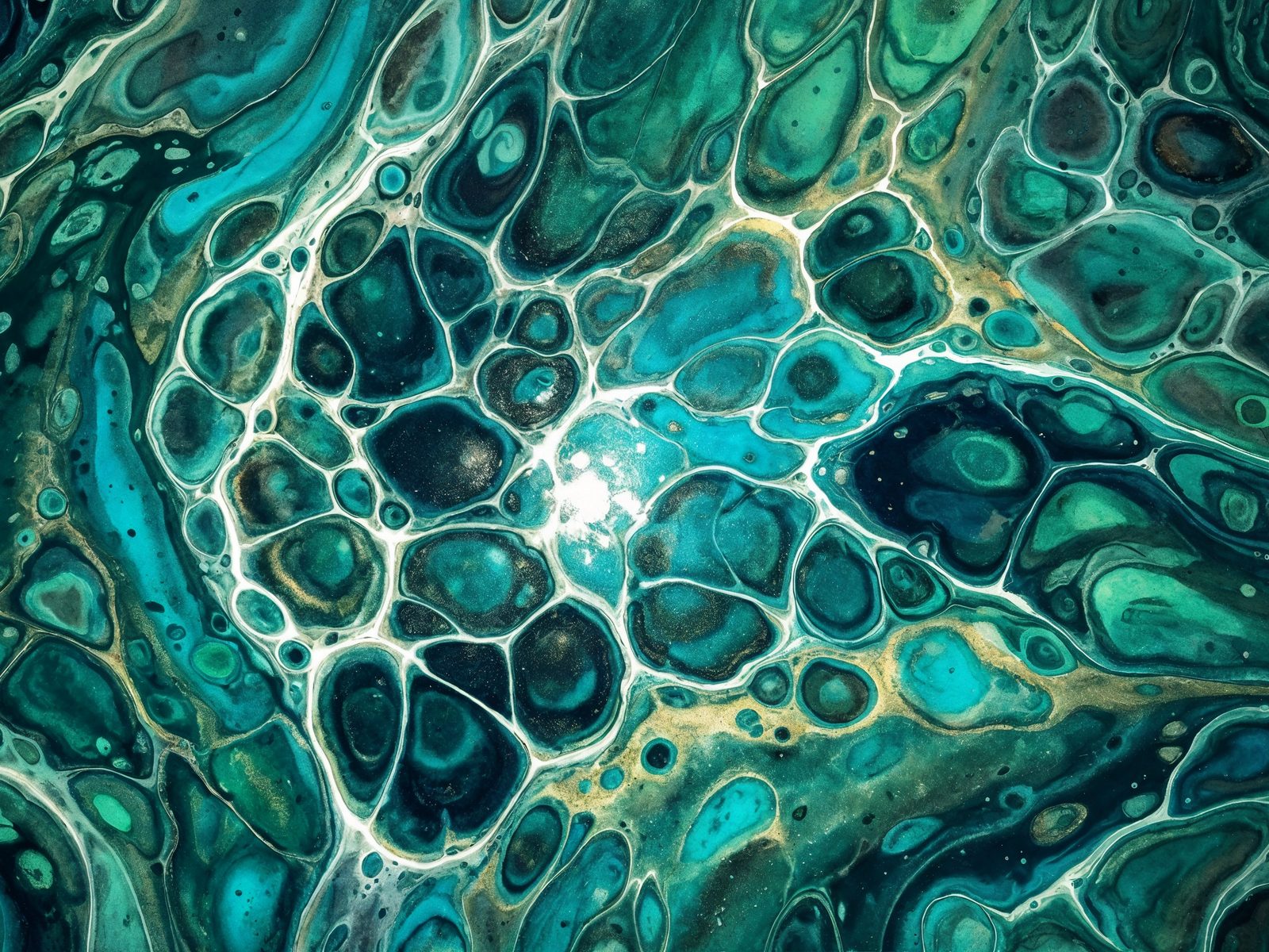 Abstract teal and gold cellular network