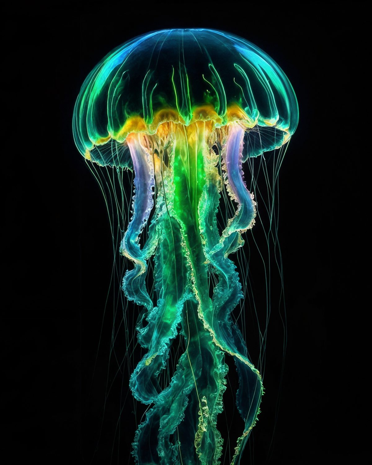 Bioluminescent jellyfish against black water