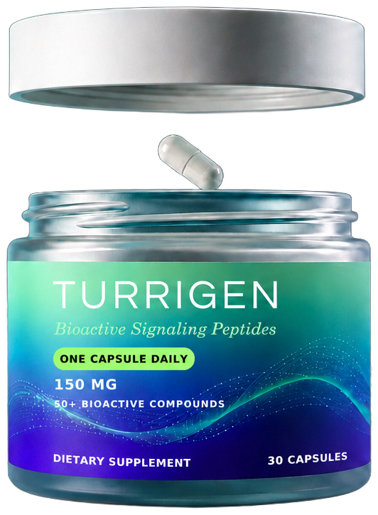 Turrigen jar with lid lifted and a single capsule suspended above the open jar