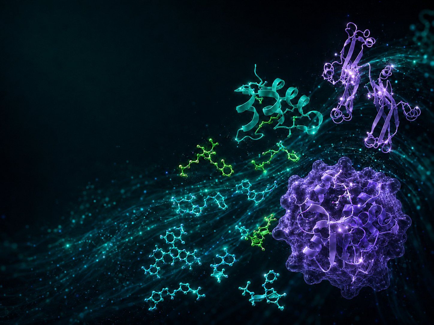 Bioluminescent wave of glowing particles carrying molecular structures: sea-green peptide helices, cyan and spring-green small molecules, and violet protein structures