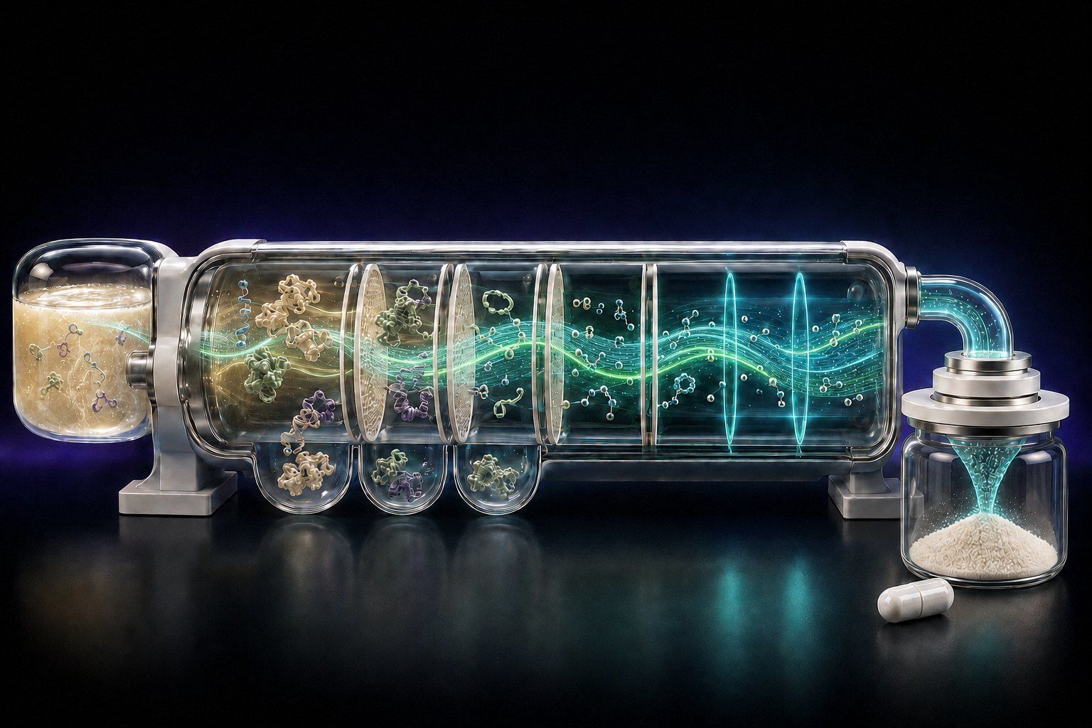 Conceptual cutaway showing an ivory liquid passing through membrane layers and optical verification rings into a glass vessel containing white powder, with a capsule beside it