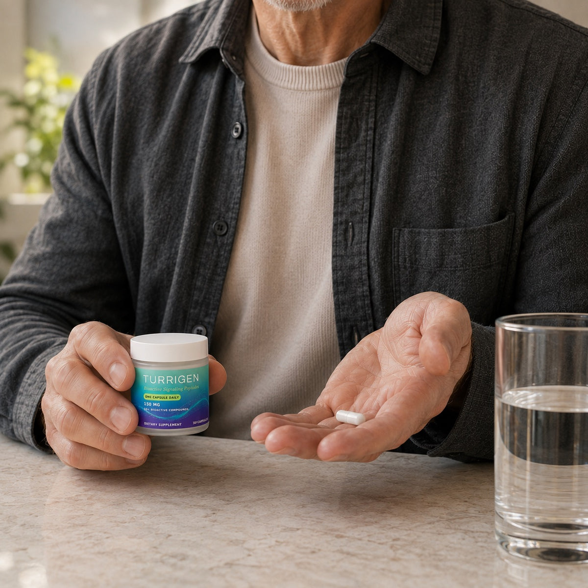 Man holding a Turrigen jar with a capsule in his palm beside a glass of water
