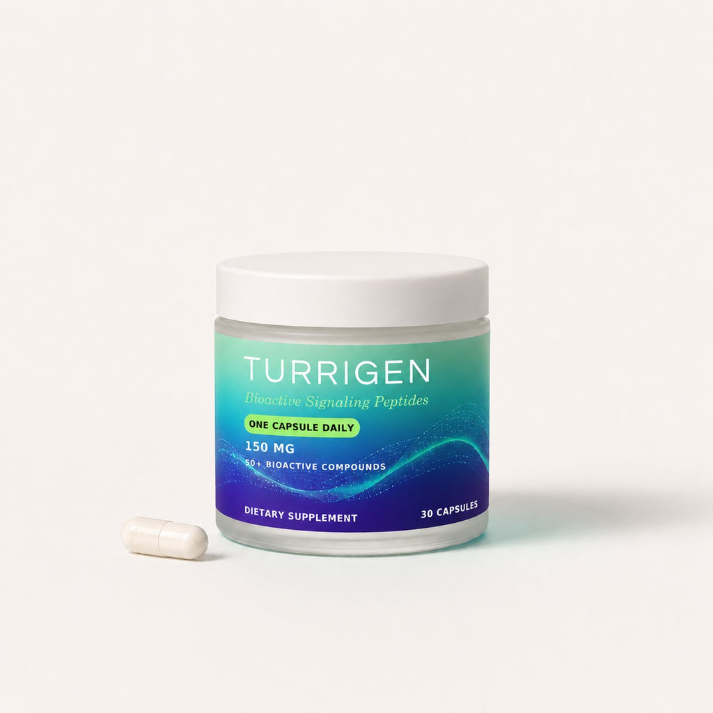 Turrigen Bioactive Peptides jar, frosted glass with white lid, beside a single capsule