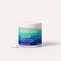 Turrigen Bioactive Peptides jar, frosted glass with white lid, beside a single capsule