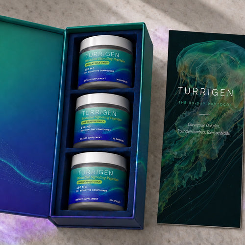 Turrigen three-bottle presentation box beside the 90-Day Protocol pamphlet