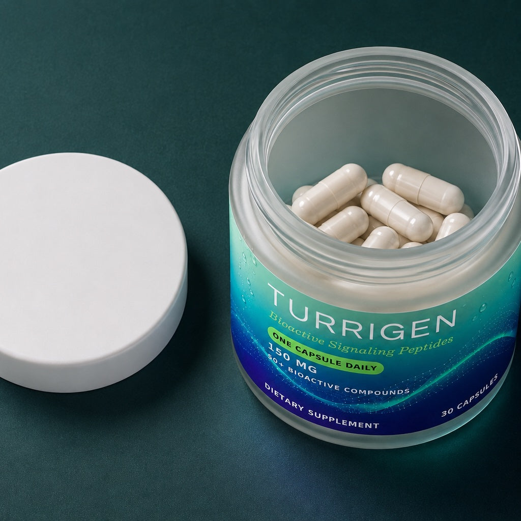 Open Turrigen jar viewed from above with white capsules inside