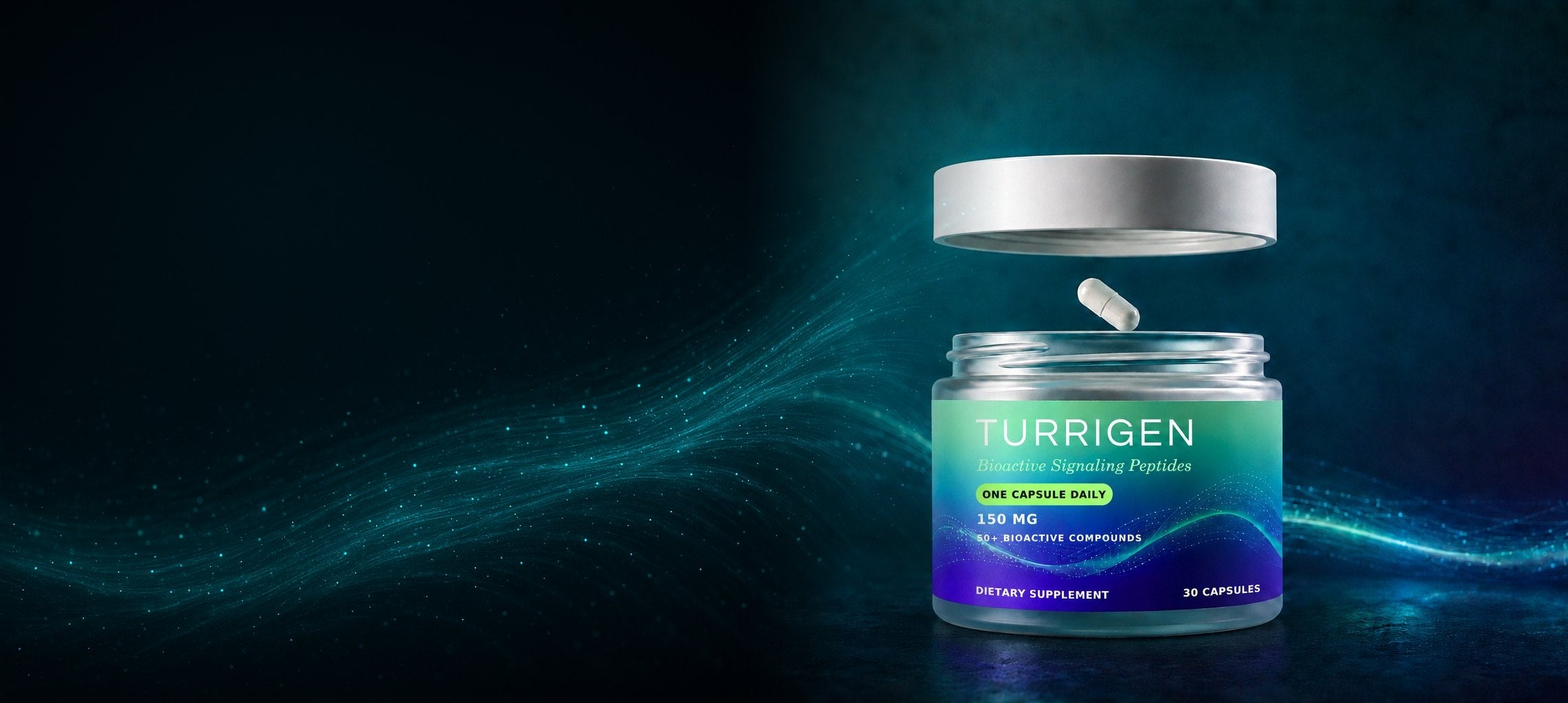 Turrigen jar with lid lifted and a capsule suspended above it, on a dark field of flowing bioluminescent signal streams