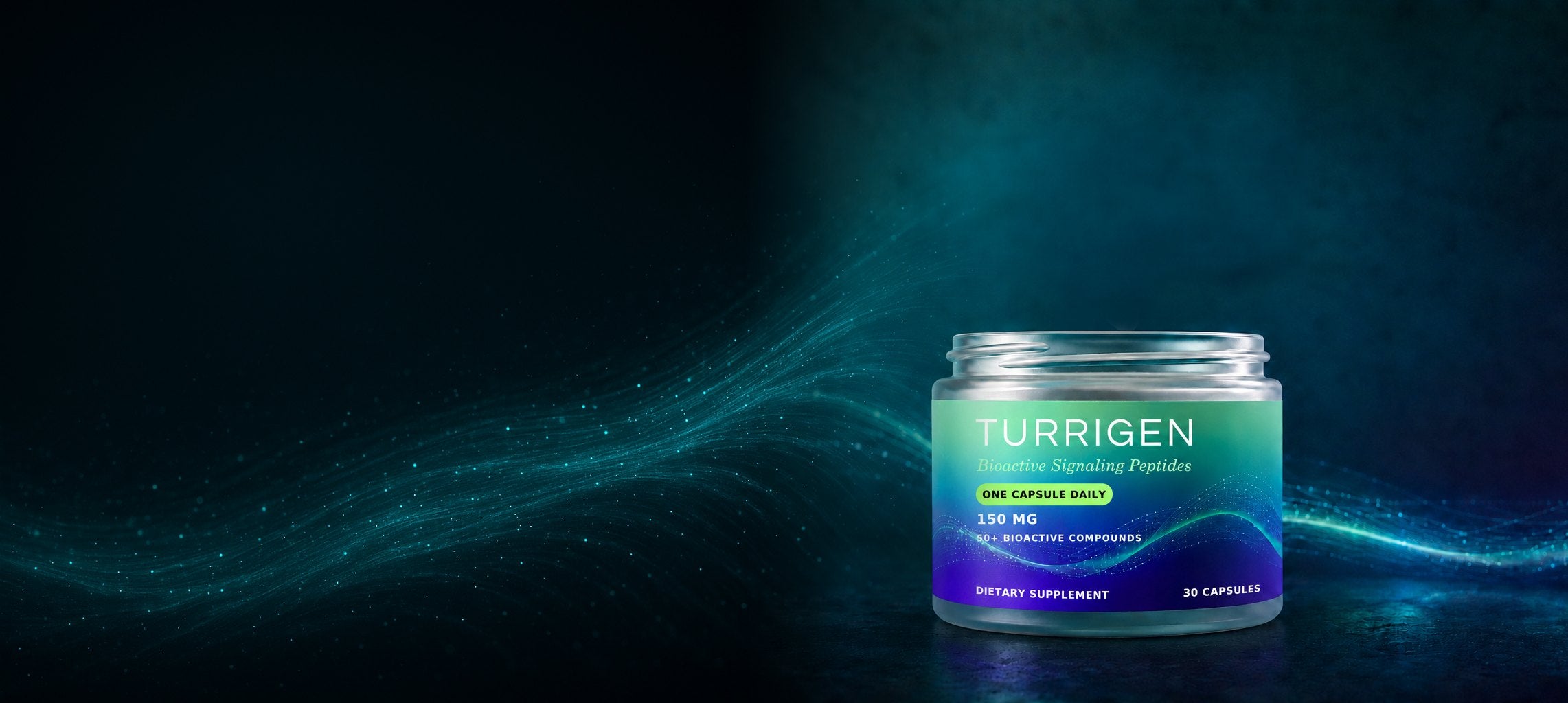 Turrigen jar with lid lifted and a capsule suspended above it, on a dark field of flowing bioluminescent signal streams