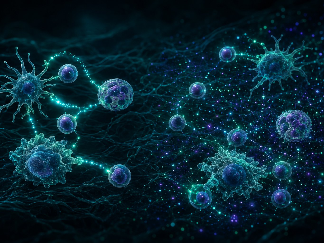Stylized immune-cell network with defined luminous signaling paths on the left and more diffuse signaling on the right