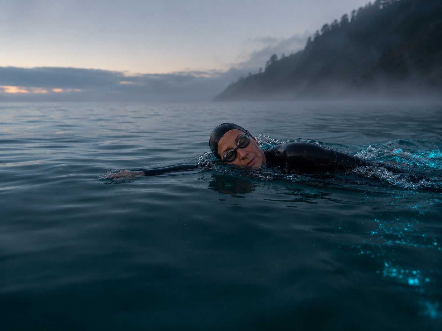 Open-water swimmer at dawn in calm misty water