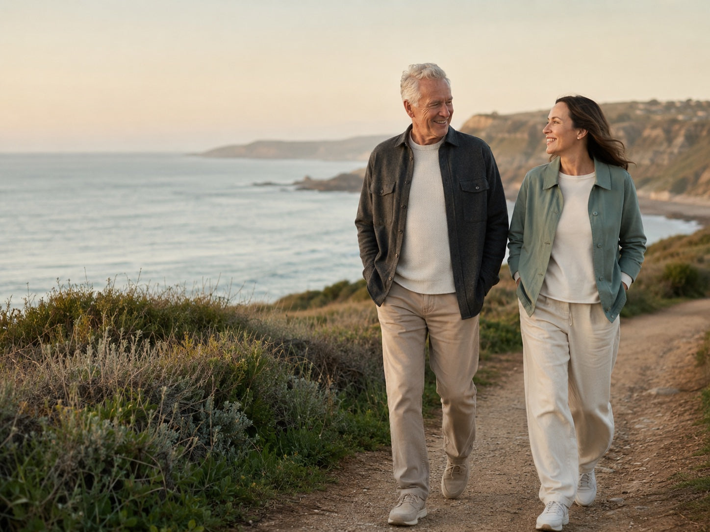 Two generations walking a coastal path at golden hour
