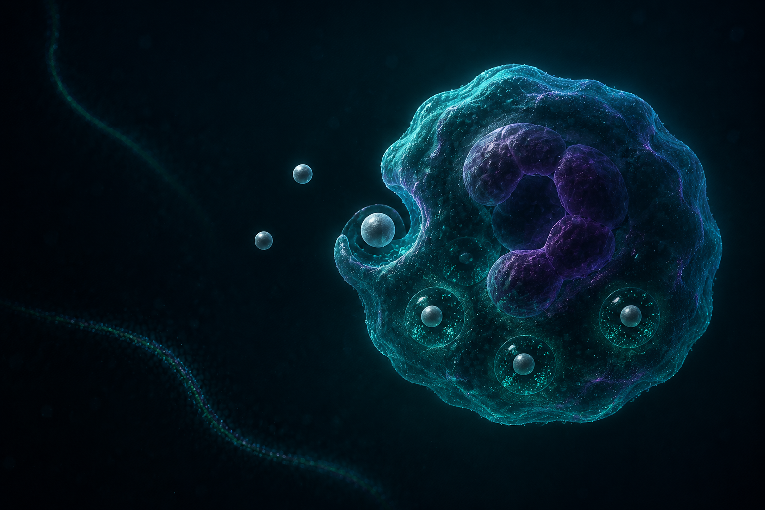 Conceptual illustration of a lobed-nucleus immune cell enclosing several small neutral particles.
